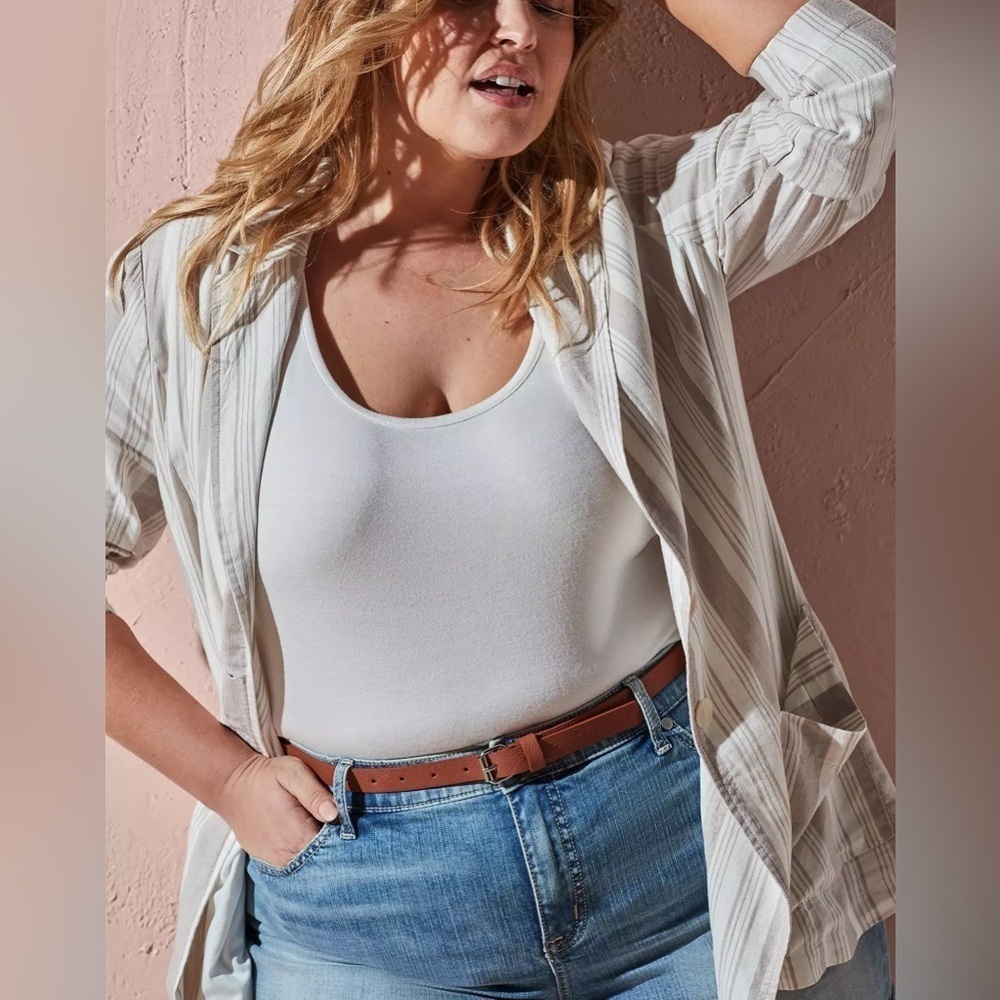Torrid Stripe Linen Blazer Cream Tan Size 3 3X F2